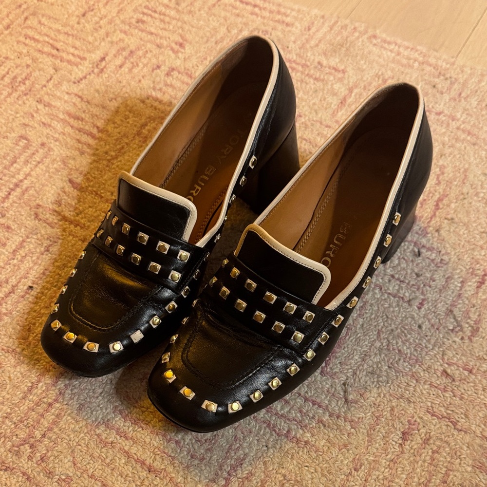 Black Tory Burch Studded Slip-On Loafers with Cream Trim